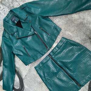 Modcloth Crocodile Rock Moto‎ Jacket & Mini Skirt, Faux Leather, Teal